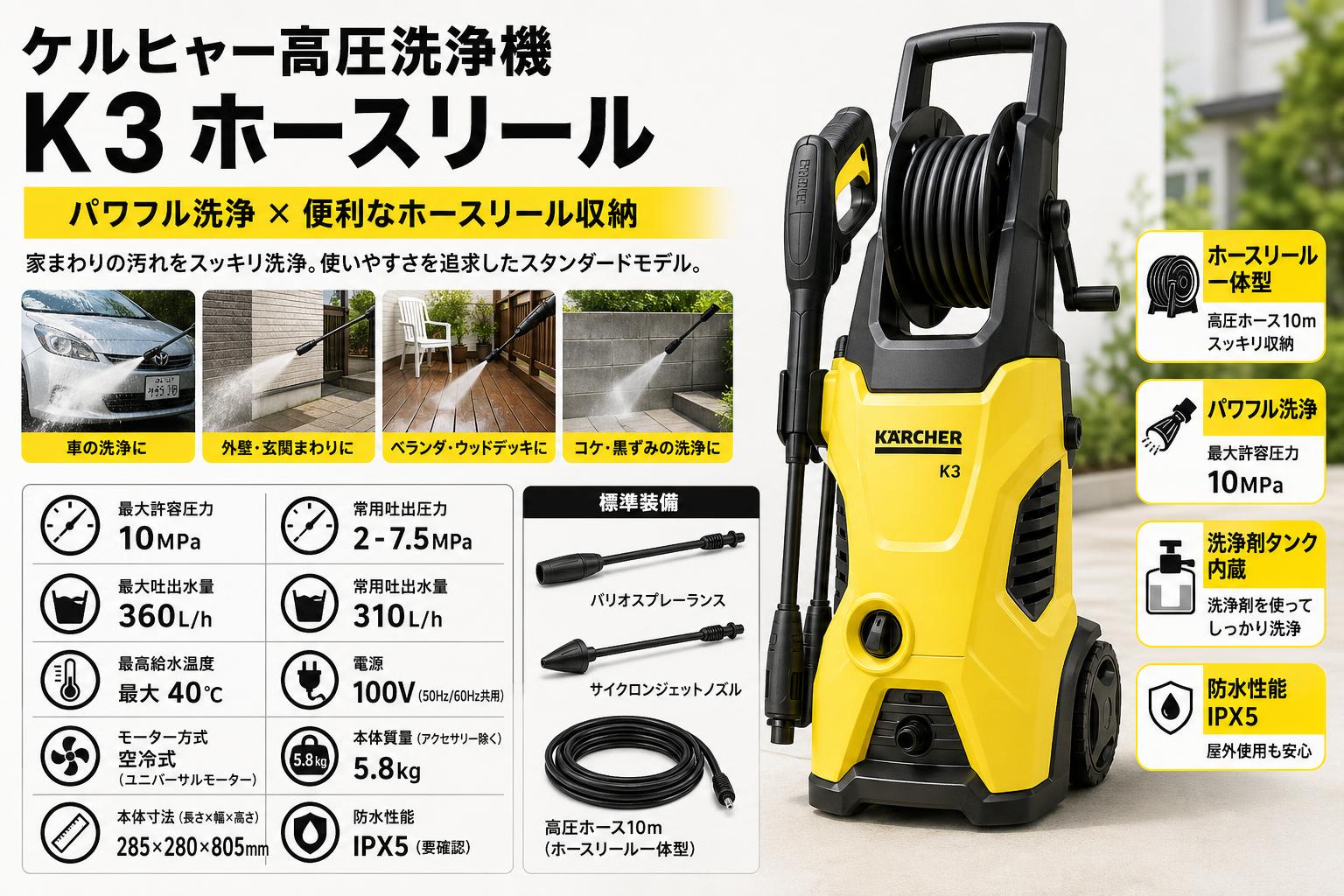 ケルヒャー高圧洗浄機 K3 ホースリール スペック