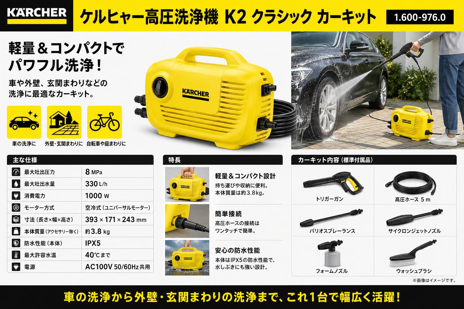 ケルヒャー高圧洗浄機 K2 クラシック カーキット 1.600-976.0 スペック