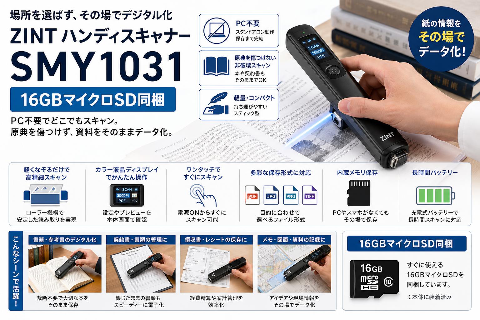 ZINT ハンディスキャナー SMY1031 16GBマイクロSD同梱 概要