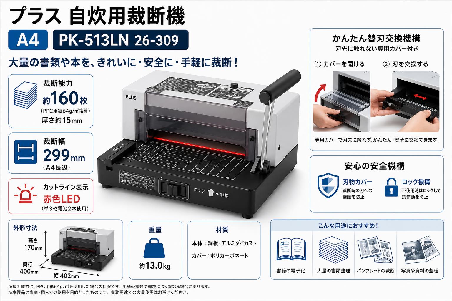 プラス 自炊用裁断機  A4  PK-513LN 26-309 スペック