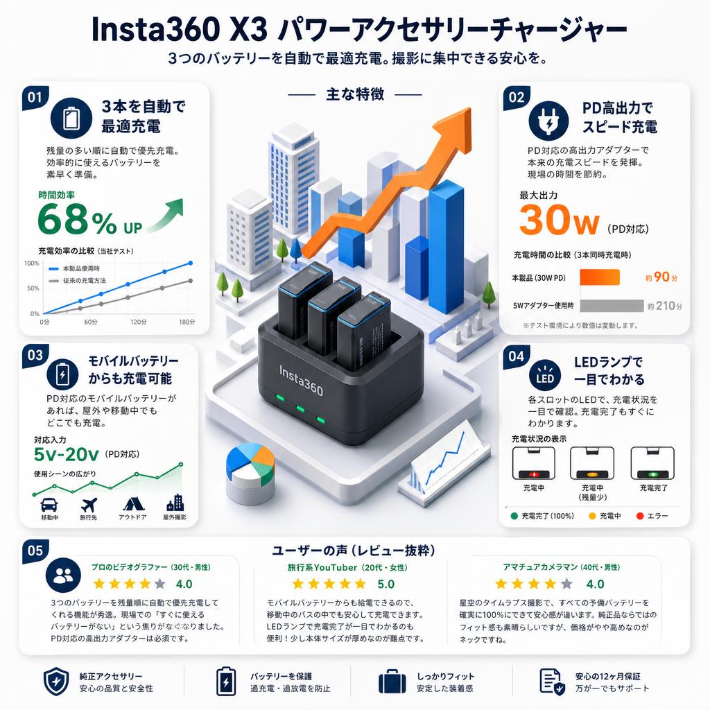 Insta360 X3 パワーアクセサリーチャージャー インターネット上のお客様の声（評判）
