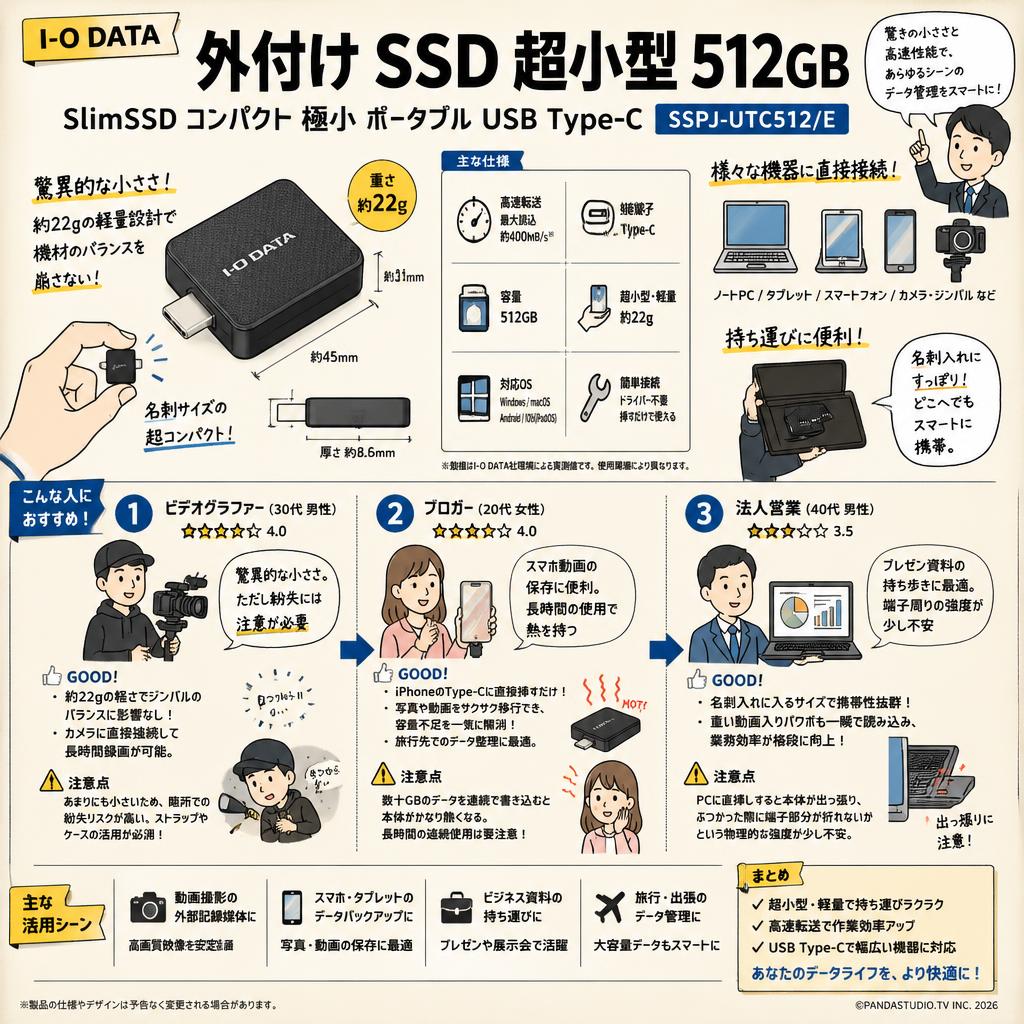 I-O DATA　外付け SSD 超小型 512GB SlimSSD コンパクト 極小 ポータブル USB Type-C　 SSPJ-UTC512/E インターネット上のお客様の声（評判）