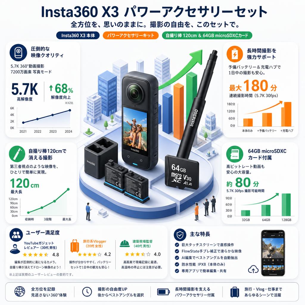 Insta360 X3 【 パワーアクセサリー/ 自撮り棒 120cm /  64GB microSDXCカード 】セット インターネット上のお客様の声（評判）