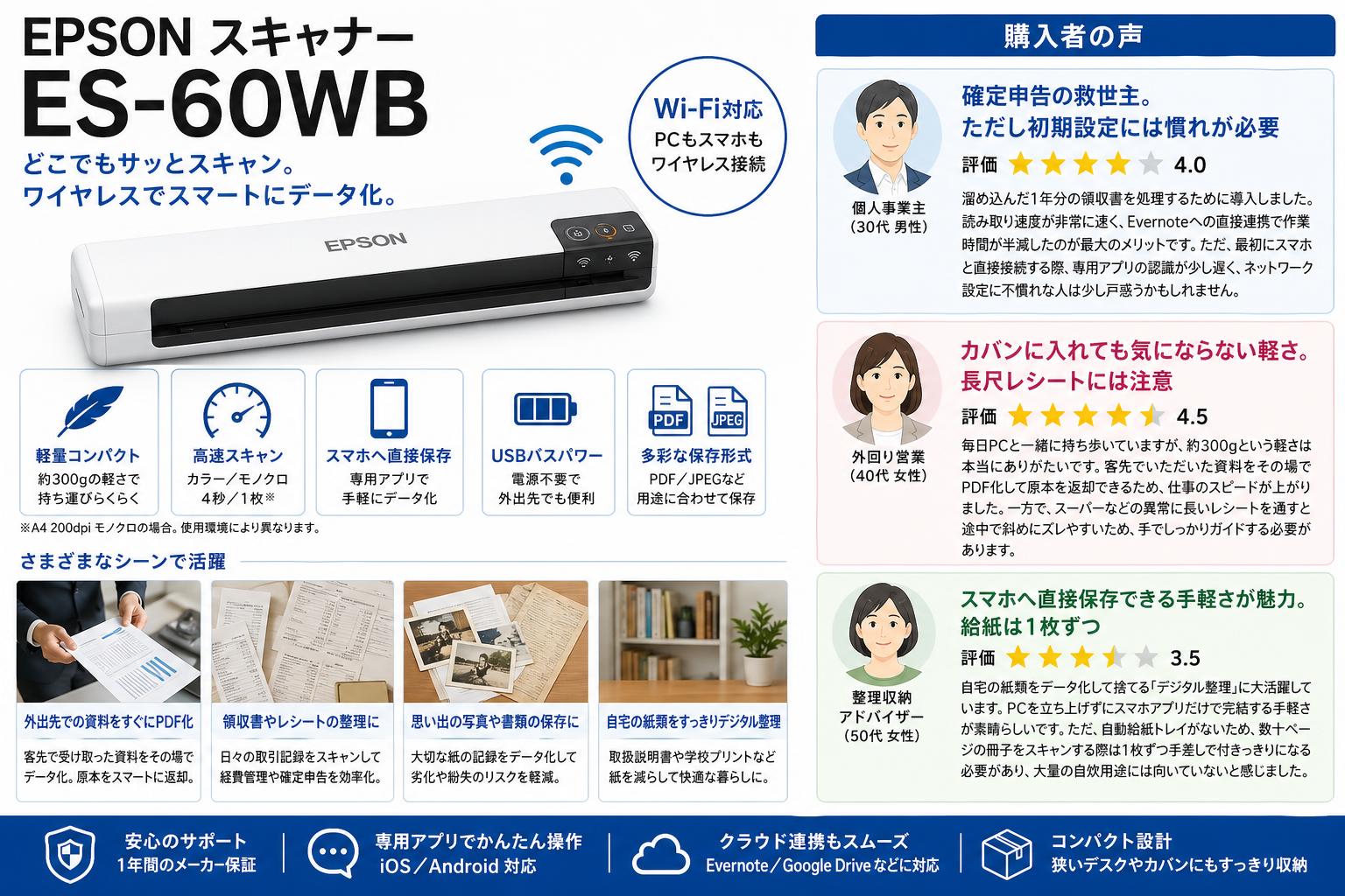EPSON スキャナー ES-60WB インターネット上のお客様の声（評判）