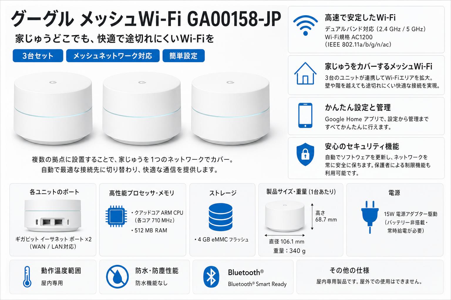 Google Wi-Fi 3Pack  （グーグル メッシュWi-Fi GA00158-JP ） スペック