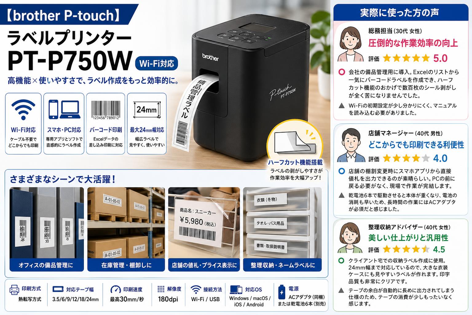 【brother P-touch】ラベルプリンター PT-P750W Wi-Fi対応 インターネット上のお客様の声（評判）