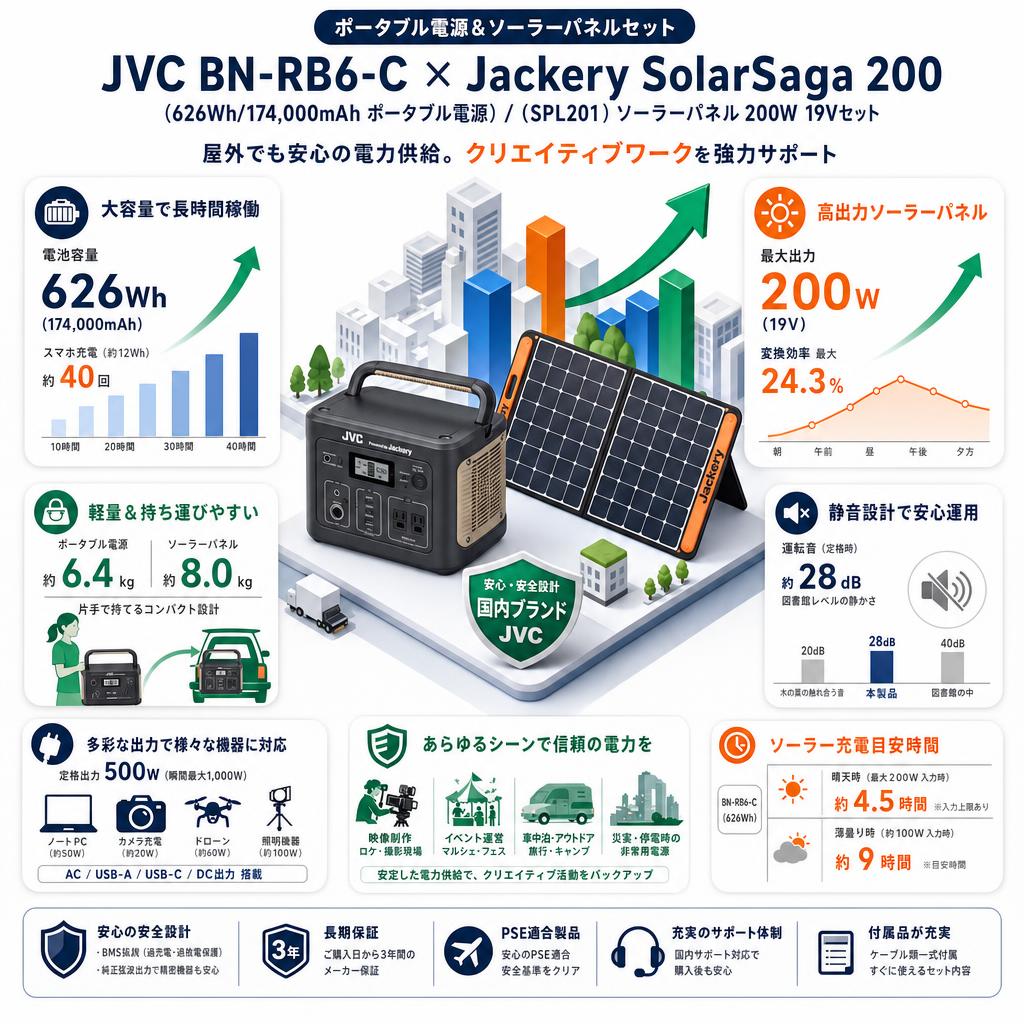 JVC BN-RB6-C (626Wh/174,000mAh ポータブル電源) / Jackery SolarSaga 200 （SPL201） ソーラーパネル 200W 19Vセット インターネット上のお客様の声（評判）