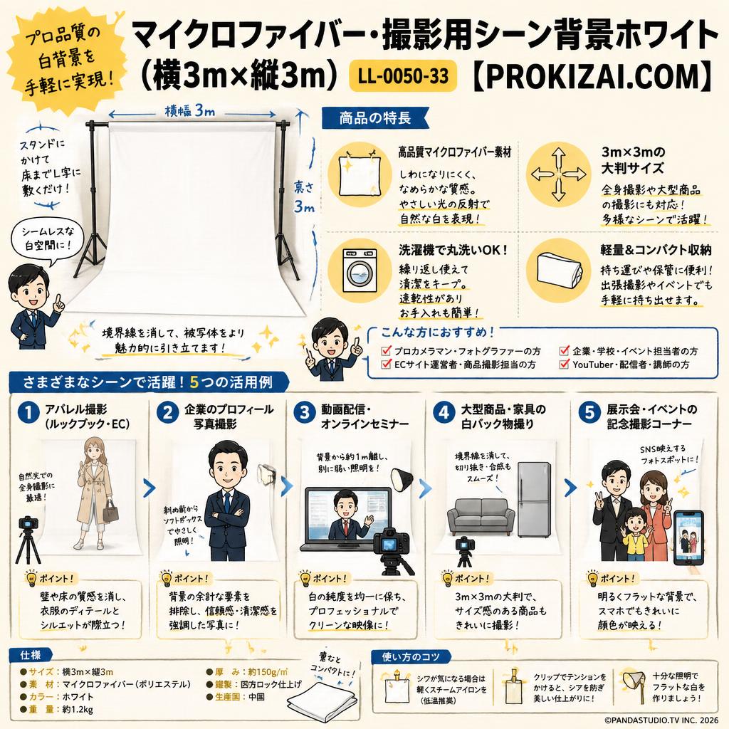 マイクロファイバー・撮影用シーン背景ホワイト(横3m×縦3m）_LL-0050-33【PROKIZAI.COM】 用途