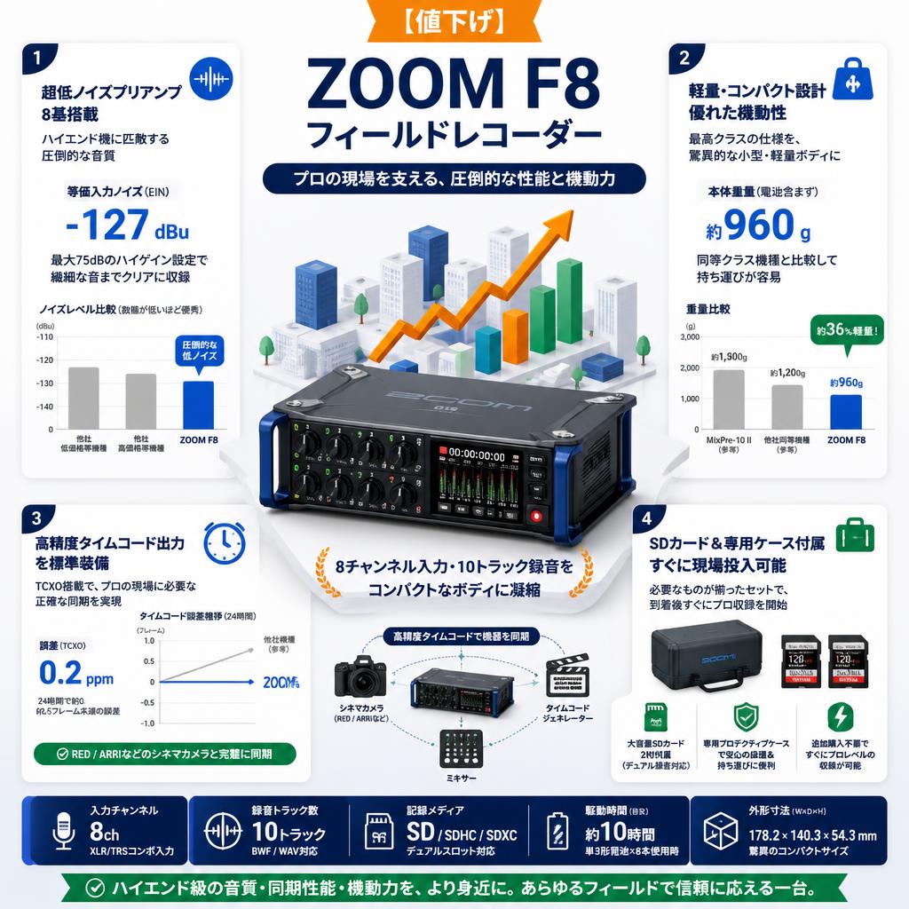 【値下げ】ZOOM F8 フィールドレコーダー セールスポイント