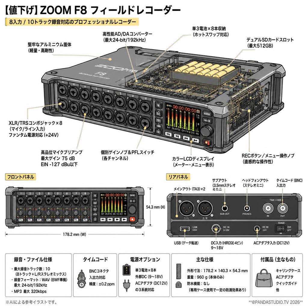 【値下げ】ZOOM F8 フィールドレコーダー スペック