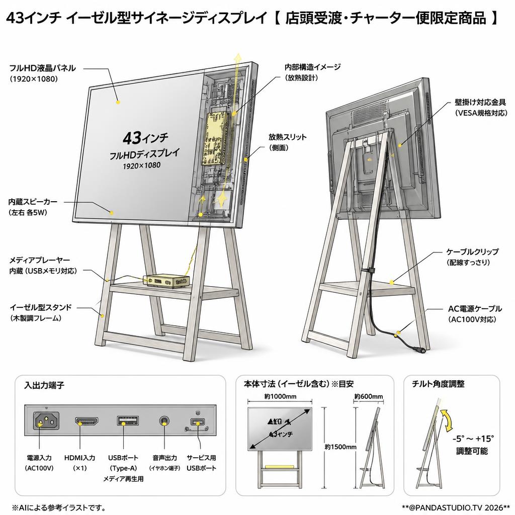 43インチ イーゼル型サイネージディスプレイ 【 店頭受渡・チャーター便限定商品 】 スペック