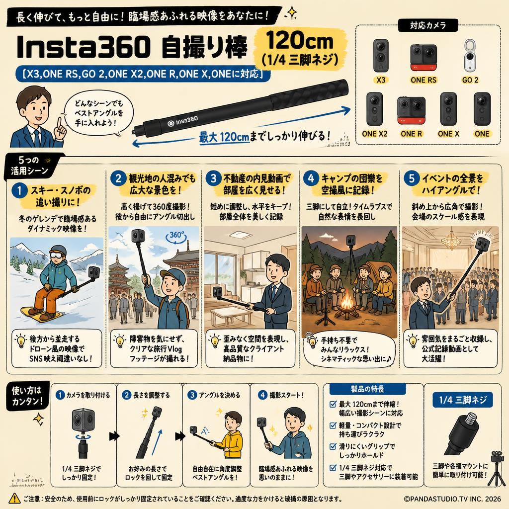 Insta360  自撮り棒 120cm（1/4 三脚ネジ）【X3,ONE RS,GO 2,ONE X2,ONE R,ONE X,ONEに対応】 用途