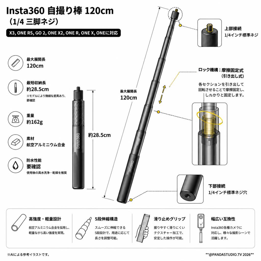 Insta360  自撮り棒 120cm（1/4 三脚ネジ）【X3,ONE RS,GO 2,ONE X2,ONE R,ONE X,ONEに対応】 スペック