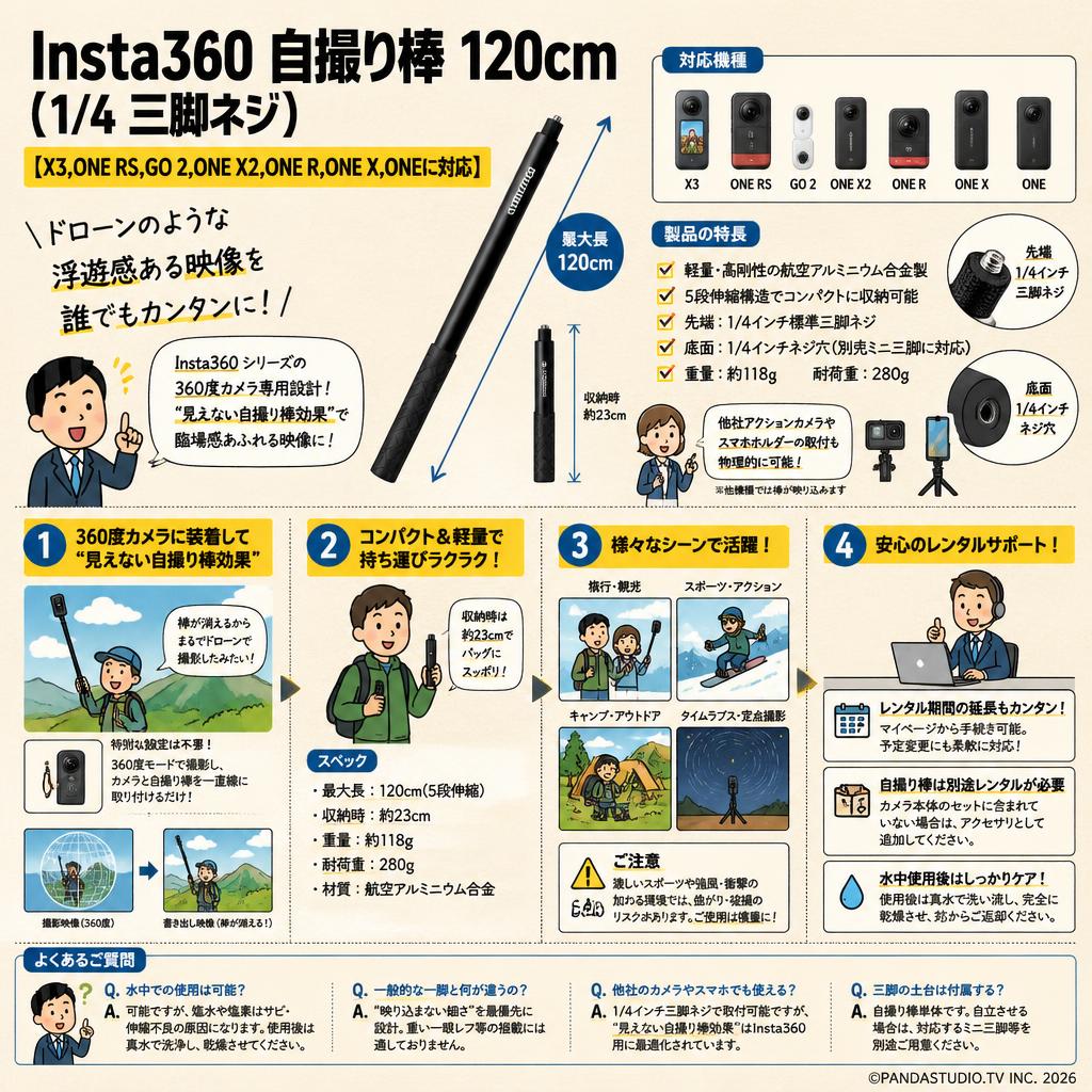 Insta360  自撮り棒 120cm（1/4 三脚ネジ）【X3,ONE RS,GO 2,ONE X2,ONE R,ONE X,ONEに対応】 FAQ（よくある質問と答え）