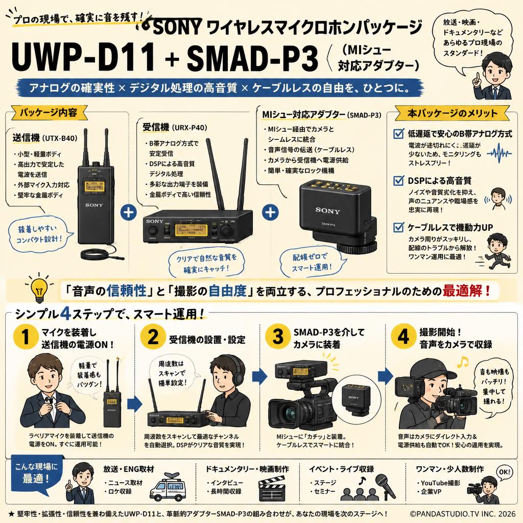 SONY ワイヤレスマイクロホンパッケージ UWP-D11 ＋ SMAD-P3（MIシュー対応アダプター） 概要