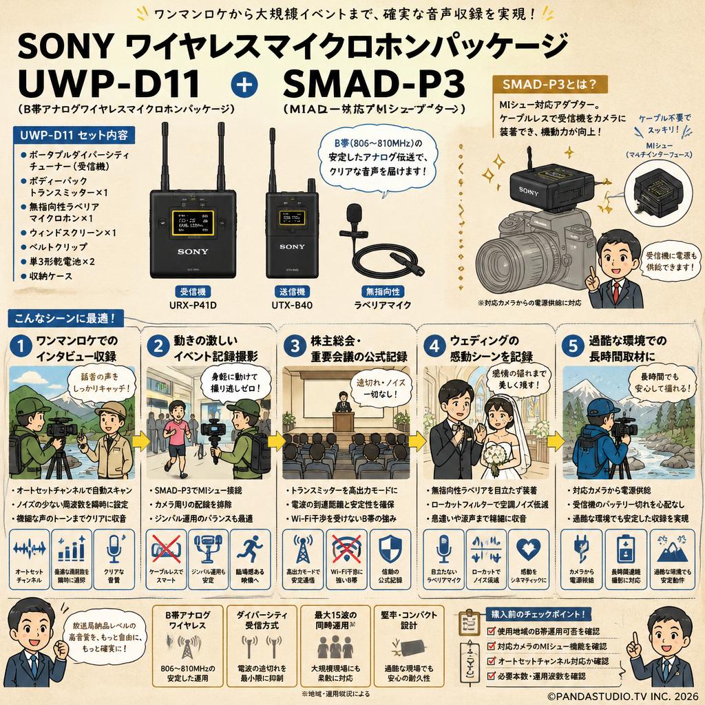 SONY ワイヤレスマイクロホンパッケージ UWP-D11 ＋ SMAD-P3（MIシュー対応アダプター） 用途