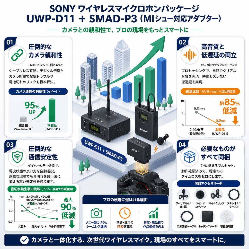 SONY ワイヤレスマイクロホンパッケージ UWP-D11 ＋ SMAD-P3（MIシュー対応アダプター） セールスポイント