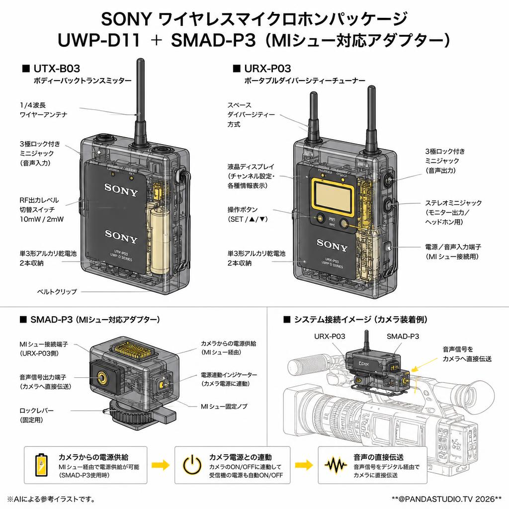 SONY ワイヤレスマイクロホンパッケージ UWP-D11 ＋ SMAD-P3（MIシュー対応アダプター） スペック