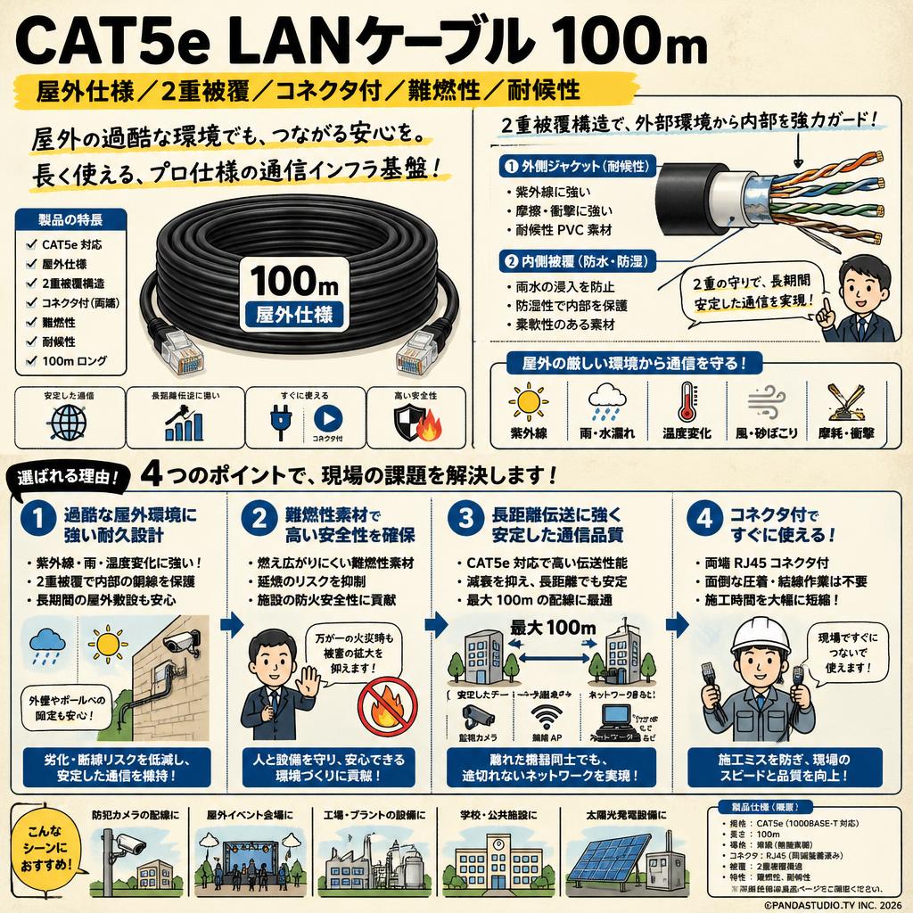 CAT5e LANケーブル 100m（屋外仕様／2重被覆／コネクタ付／難燃性／耐候性） 概要