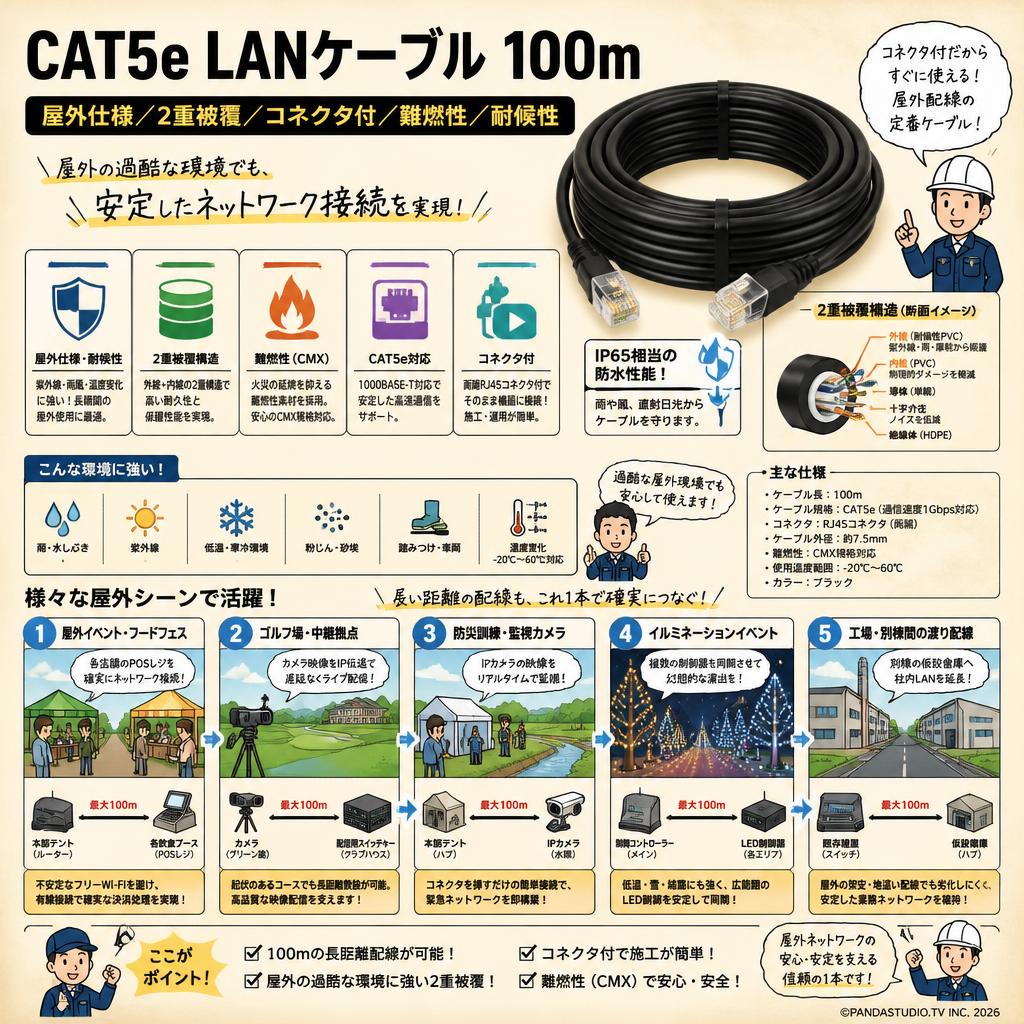 CAT5e LANケーブル 100m（屋外仕様／2重被覆／コネクタ付／難燃性／耐候性） 用途