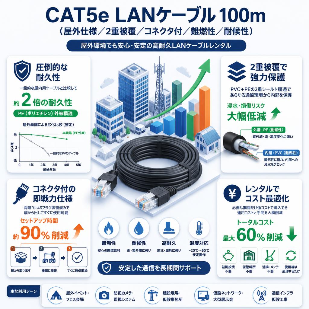CAT5e LANケーブル 100m（屋外仕様／2重被覆／コネクタ付／難燃性／耐候性） セールスポイント