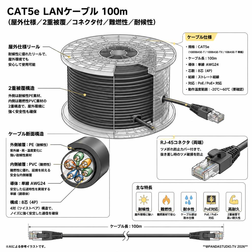 CAT5e LANケーブル 100m（屋外仕様／2重被覆／コネクタ付／難燃性／耐候性） スペック