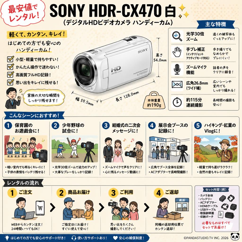 【最安値 ハンディーカム レンタル】SONY HDR-CX470  白（デジタルHDビデオカメラ ハンディーカム） 用途