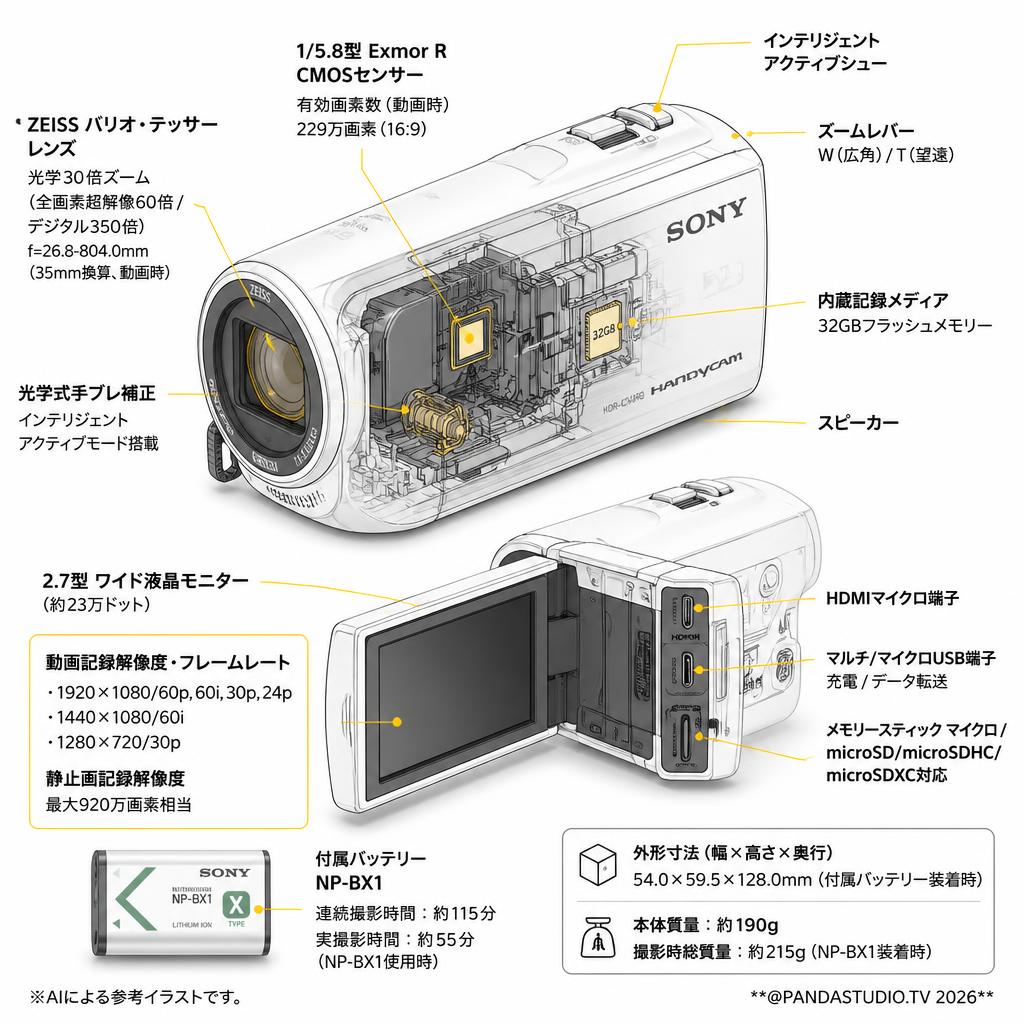 【最安値 ハンディーカム レンタル】SONY HDR-CX470  白（デジタルHDビデオカメラ ハンディーカム） スペック
