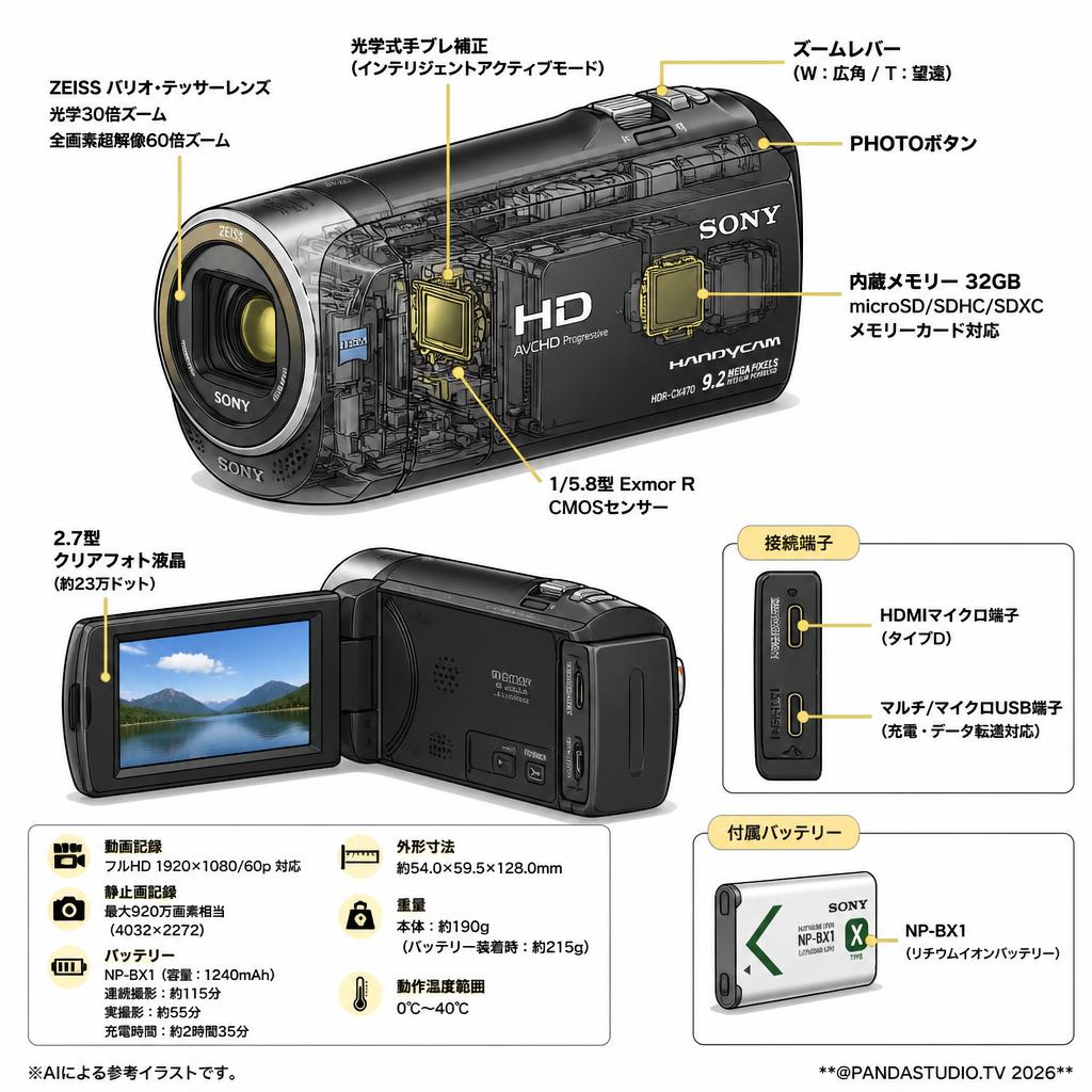 【最安値 ハンディーカム レンタル】SONY HDR-CX470 黒（デジタルHDビデオカメラ ハンディーカム） スペック