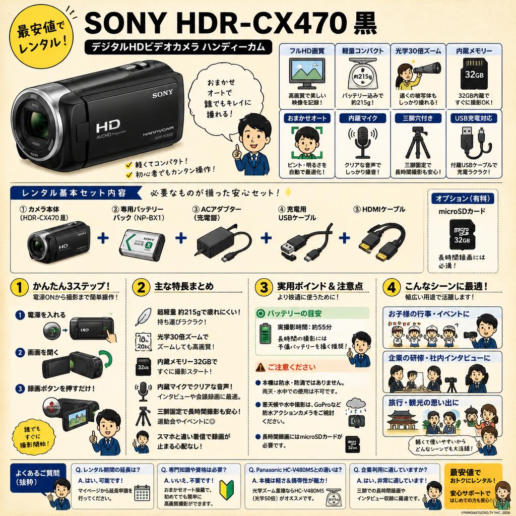 【最安値 ハンディーカム レンタル】SONY HDR-CX470 黒（デジタルHDビデオカメラ ハンディーカム） FAQ（よくある質問と答え）