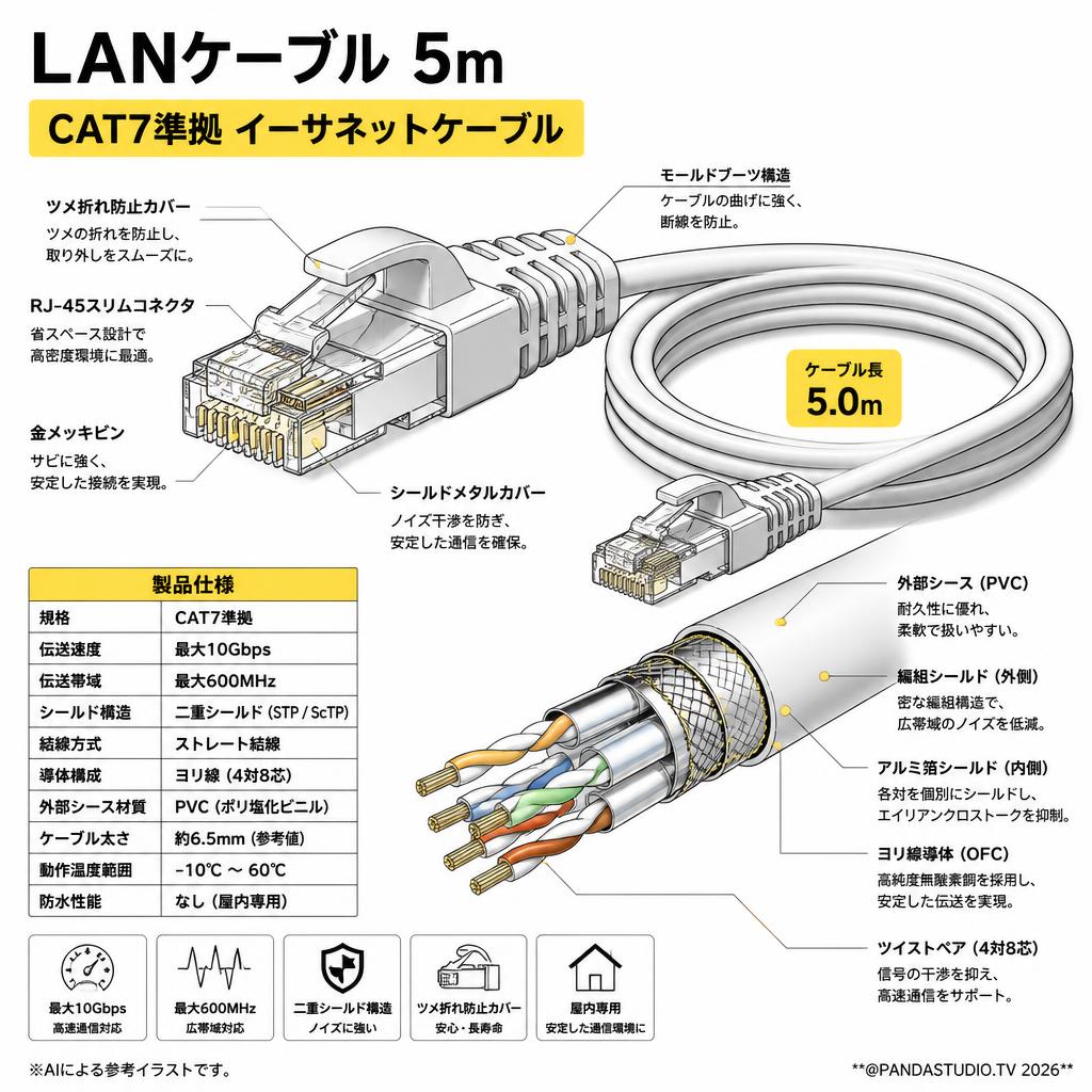 LANケーブル 5m CAT7準拠 イーサネットケーブル スペック