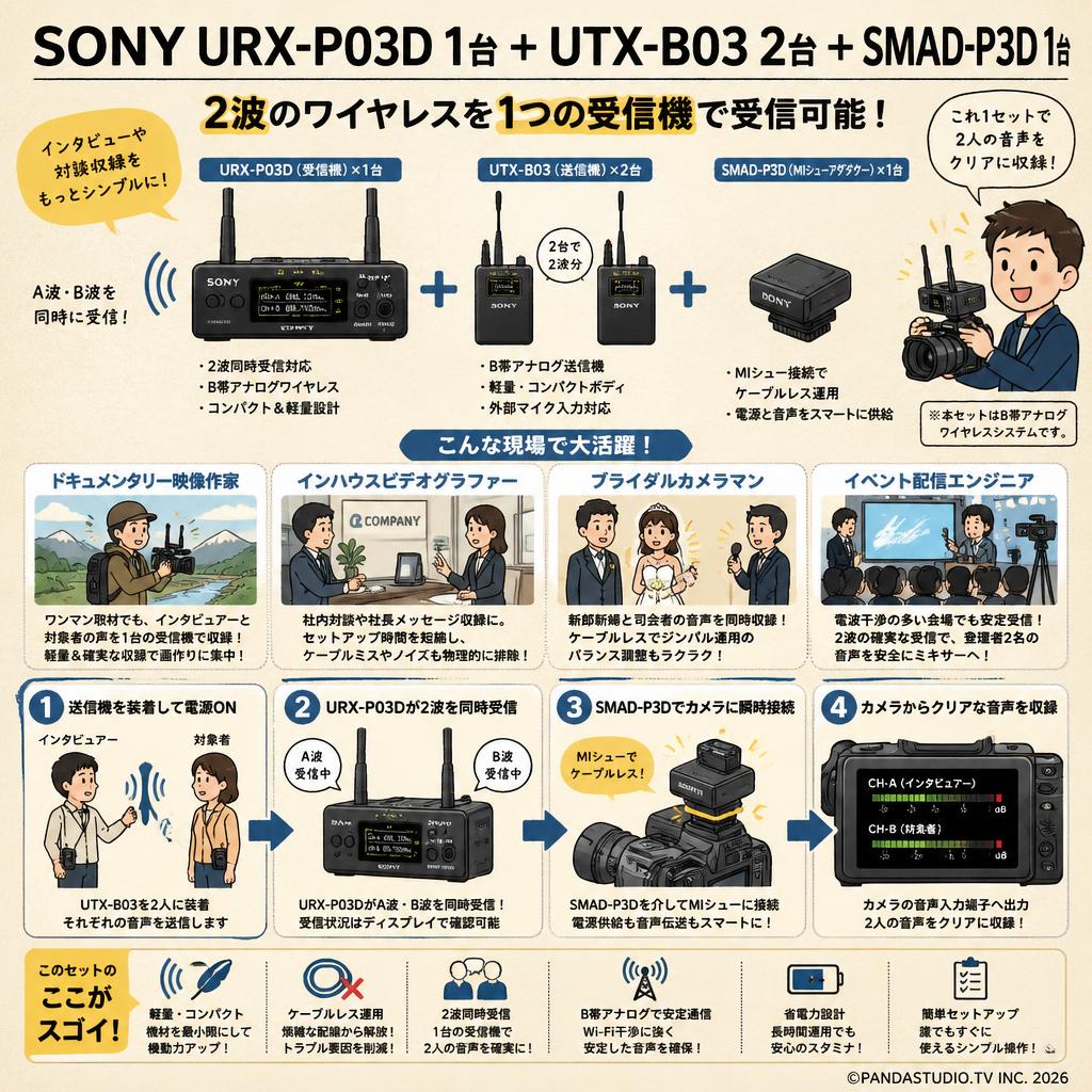SONY URX-P03D 1台+ UTX-B03 2台 ＋SMAD-P3D 1台 (2波のワイヤレスを1つの受信機で受信可能) おもな対象のお客様