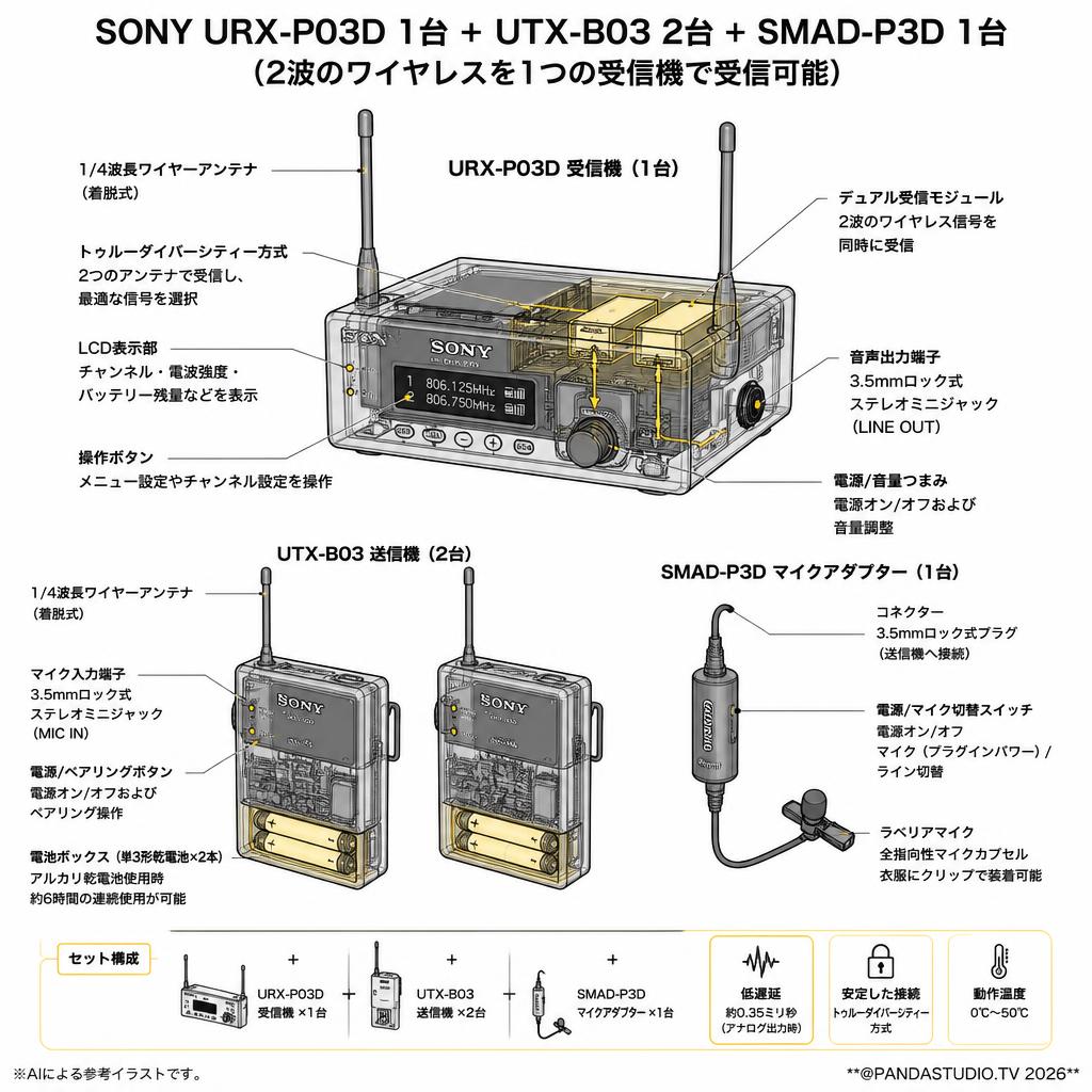 SONY URX-P03D 1台+ UTX-B03 2台 ＋SMAD-P3D 1台 (2波のワイヤレスを1つの受信機で受信可能) スペック