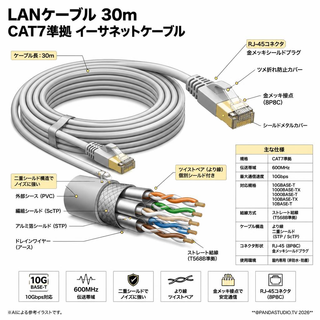 LANケーブル 30m CAT7準拠 イーサネットケーブル スペック