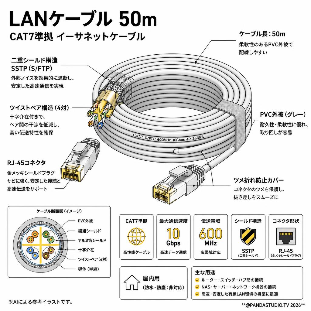 LANケーブル 50m CAT7準拠 イーサネットケーブル スペック
