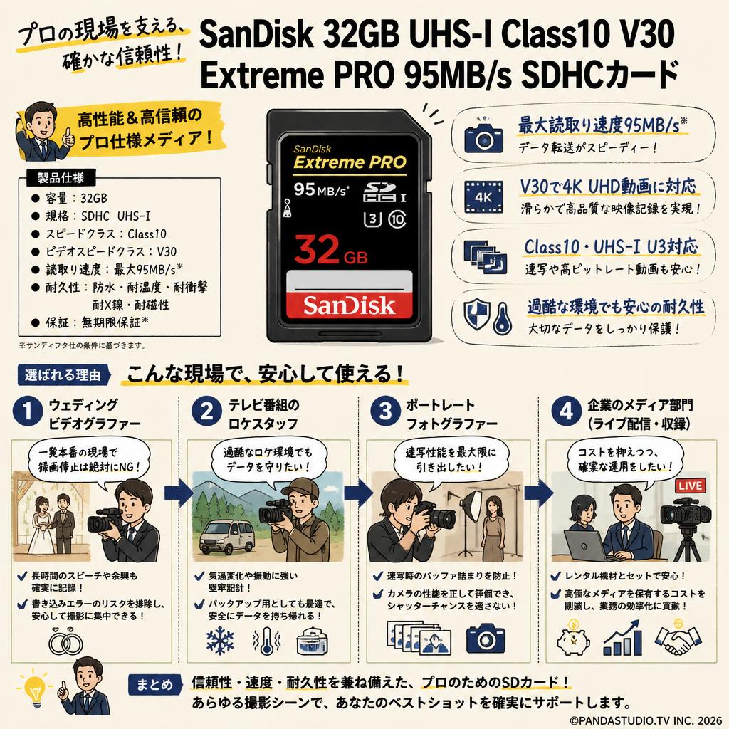 SanDisk  32GB UHS-I Class10  V30 Extreme PRO 95MB/s SDHCカード おもな対象のお客様