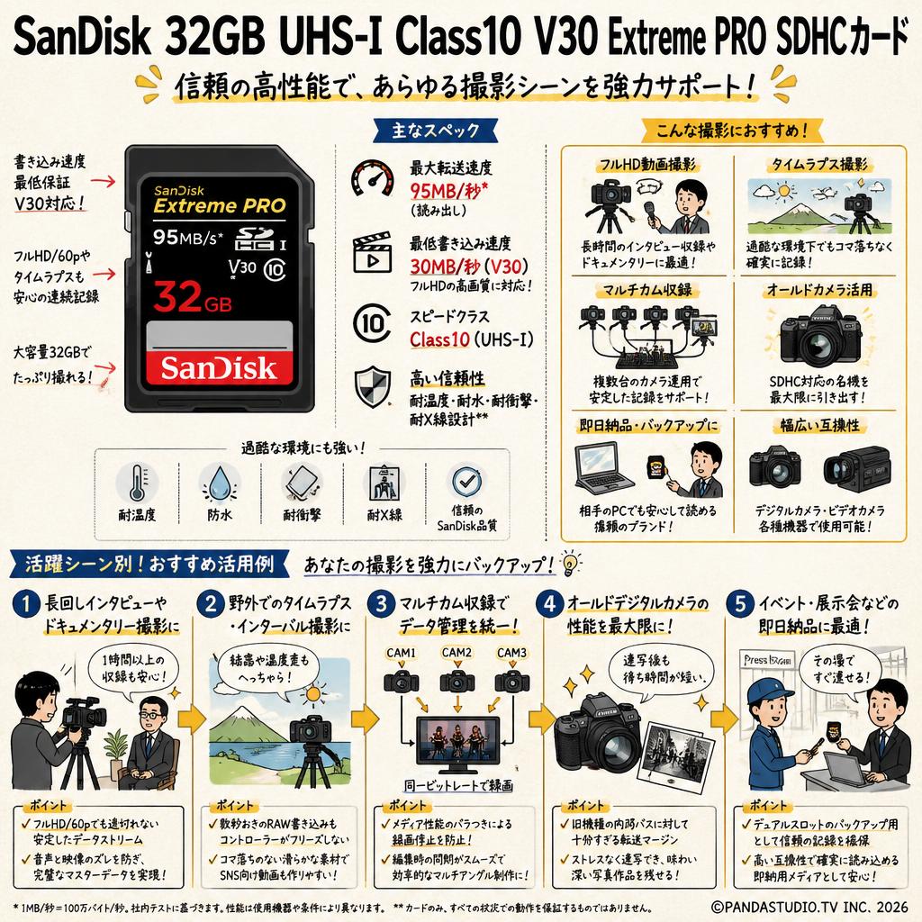 SanDisk  32GB UHS-I Class10  V30 Extreme PRO 95MB/s SDHCカード 用途