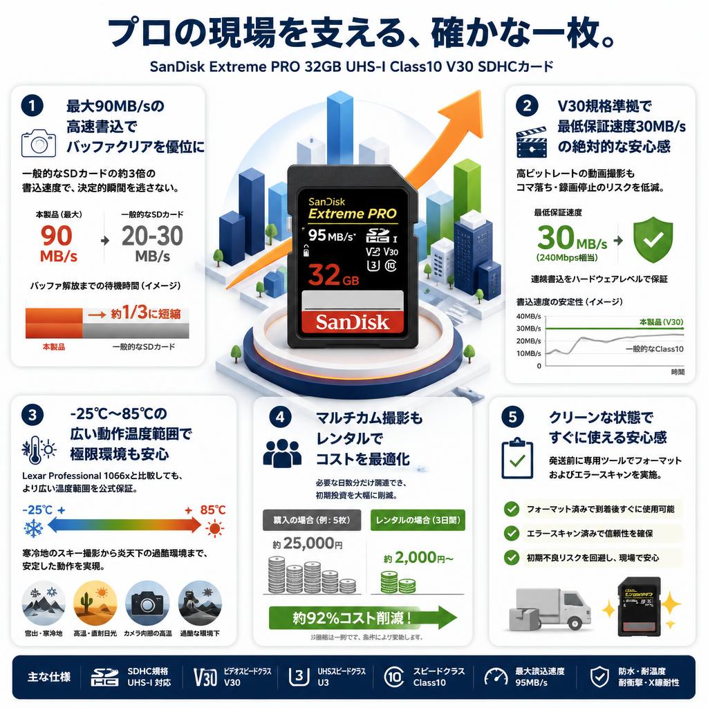SanDisk  32GB UHS-I Class10  V30 Extreme PRO 95MB/s SDHCカード セールスポイント