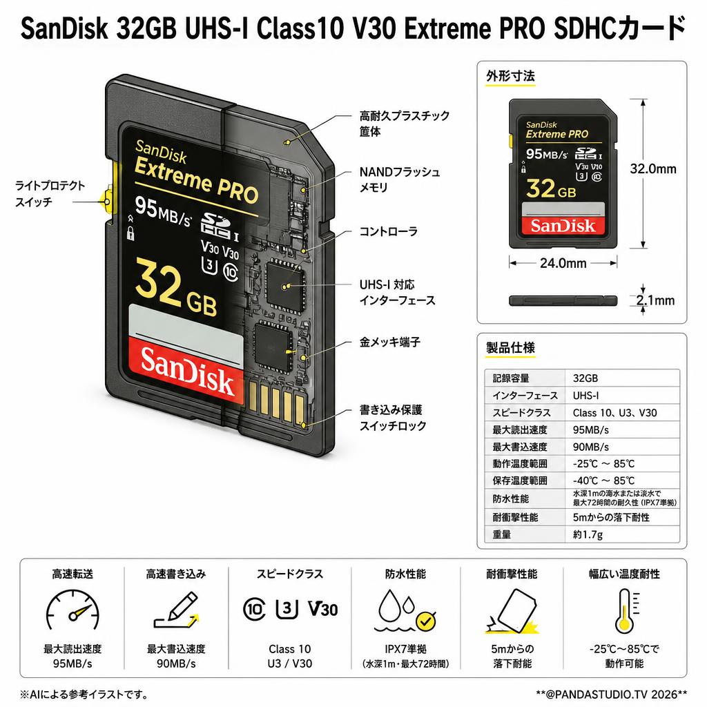 SanDisk  32GB UHS-I Class10  V30 Extreme PRO 95MB/s SDHCカード スペック
