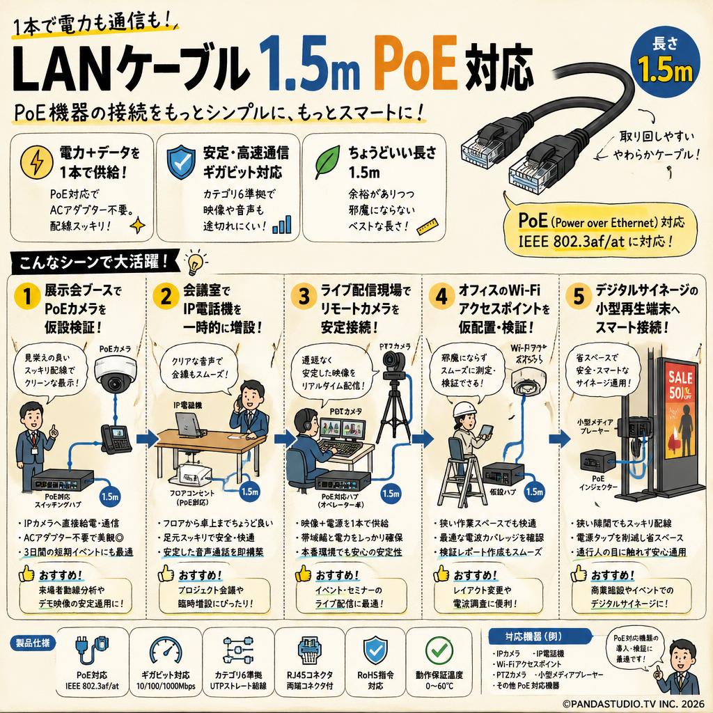 LANケーブル 1.5m PoE 対応 用途