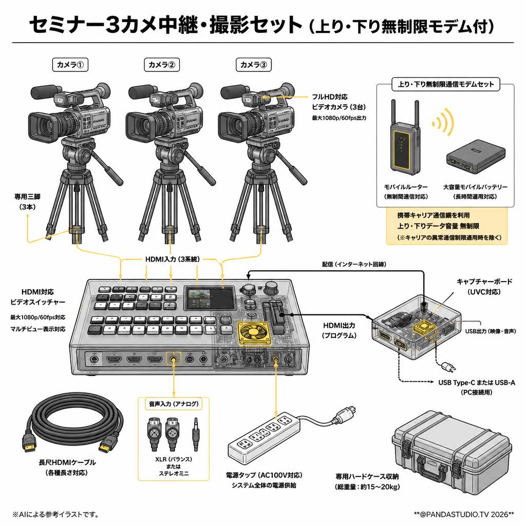 セミナー3カメ中継・撮影セット（上り・下り無制限モデム付） スペック