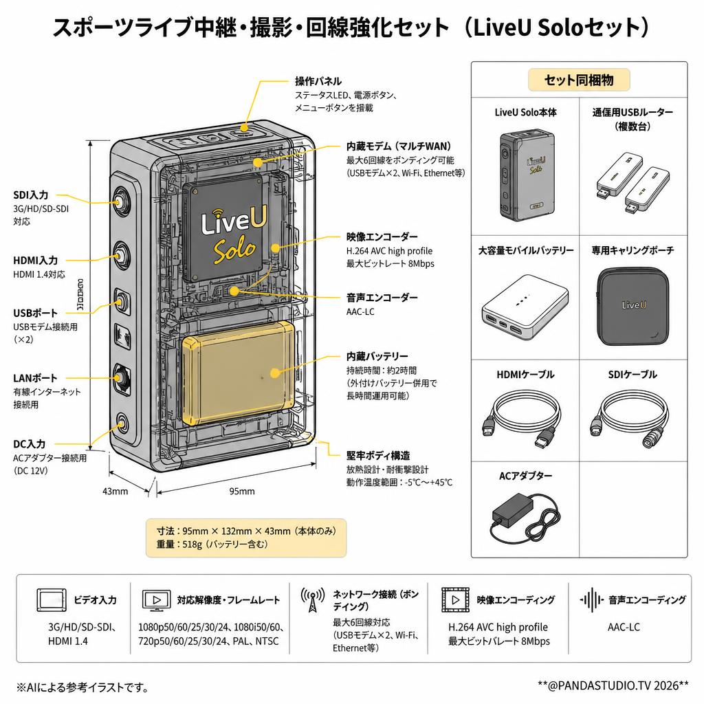 スポーツライブ中継・撮影・回線強化セット（LiveU Soloセット） スペック