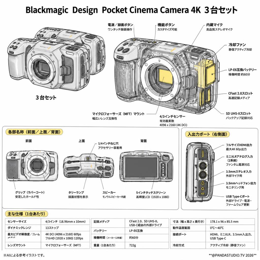 Blackmagic  Design Pocket Cinema Camera 4K ３台セット スペック
