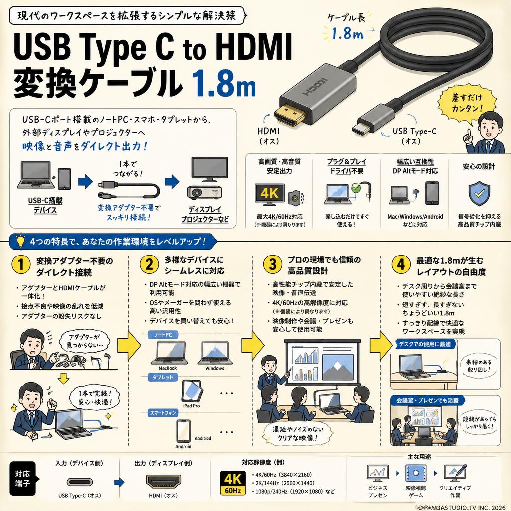USB Type C  to HDMI  変換 ケーブル 1.8m 概要