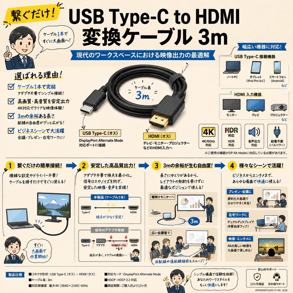 USB Type C  to HDMI  変換 ケーブル  3m 概要