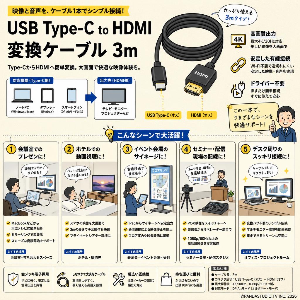 USB Type C  to HDMI  変換 ケーブル  3m 用途