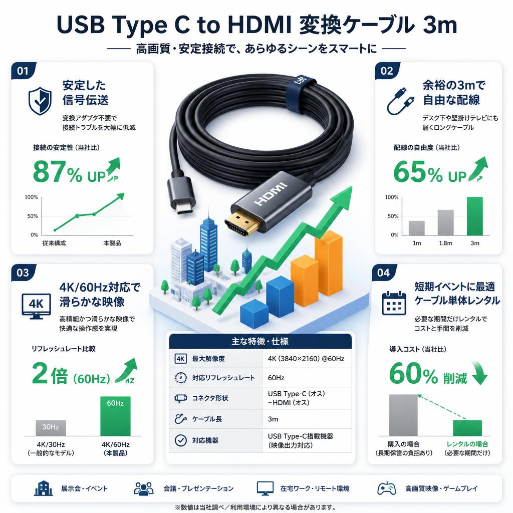 USB Type C  to HDMI  変換 ケーブル  3m セールスポイント