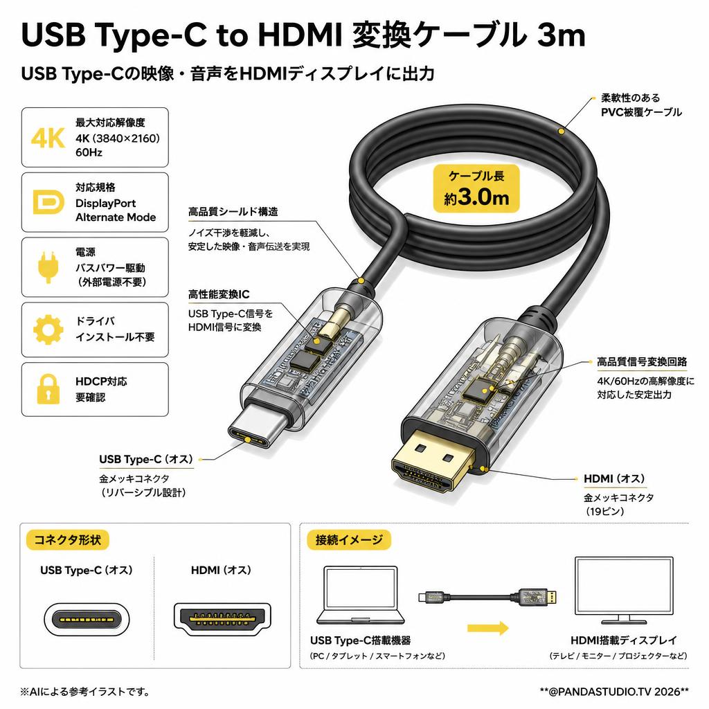 USB Type C  to HDMI  変換 ケーブル  3m スペック