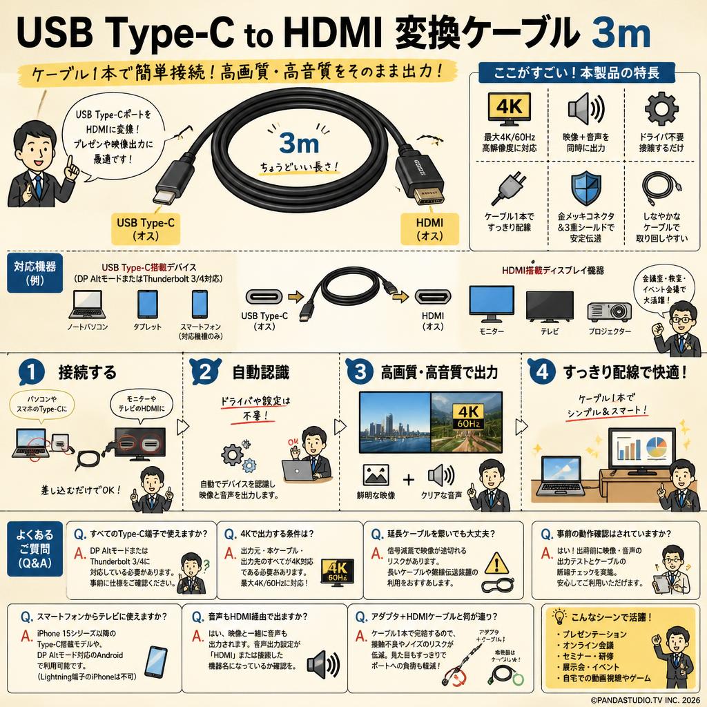 USB Type C  to HDMI  変換 ケーブル  3m FAQ（よくある質問と答え）