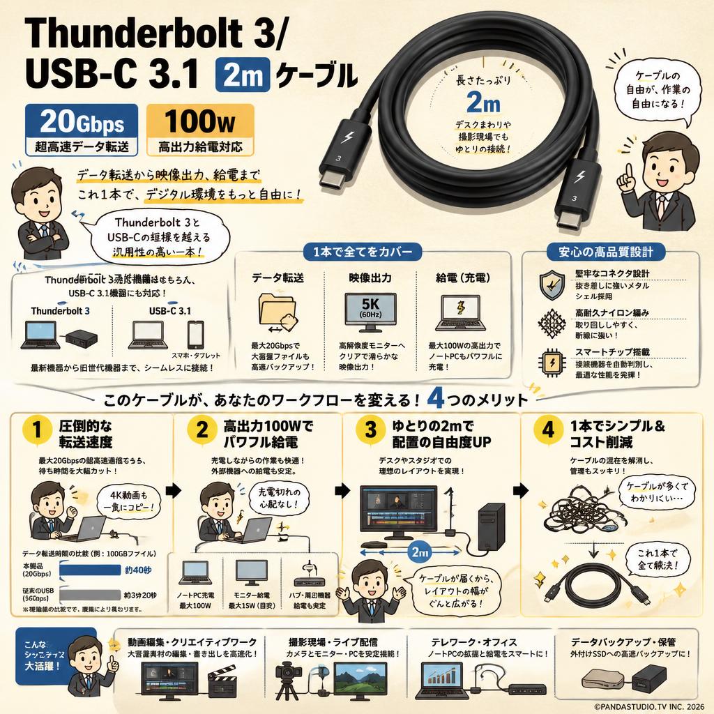 Thunderbolt 3/ USB-C 3.1 2m ケーブル  20Gbps/100W 概要